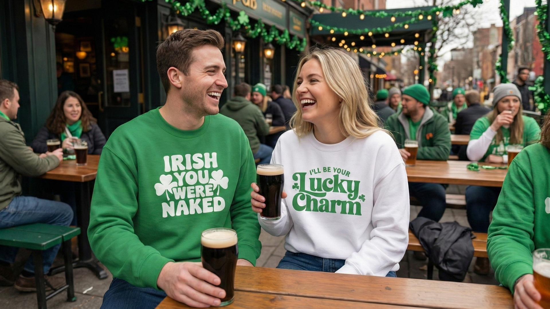 a man and woman wearing funny st paricks day sweatshirts at an irish pub