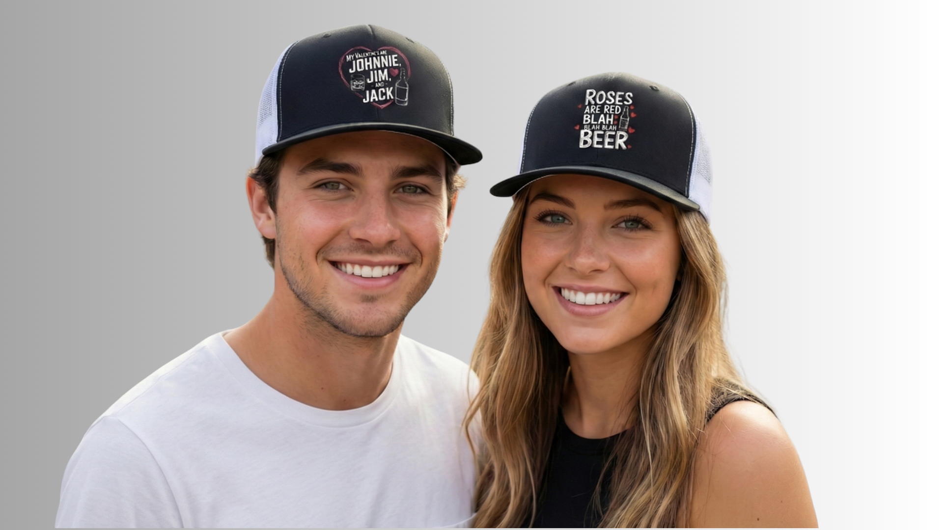 two models wearing premium flat bill trucker hats with funny anti-valentines phrases