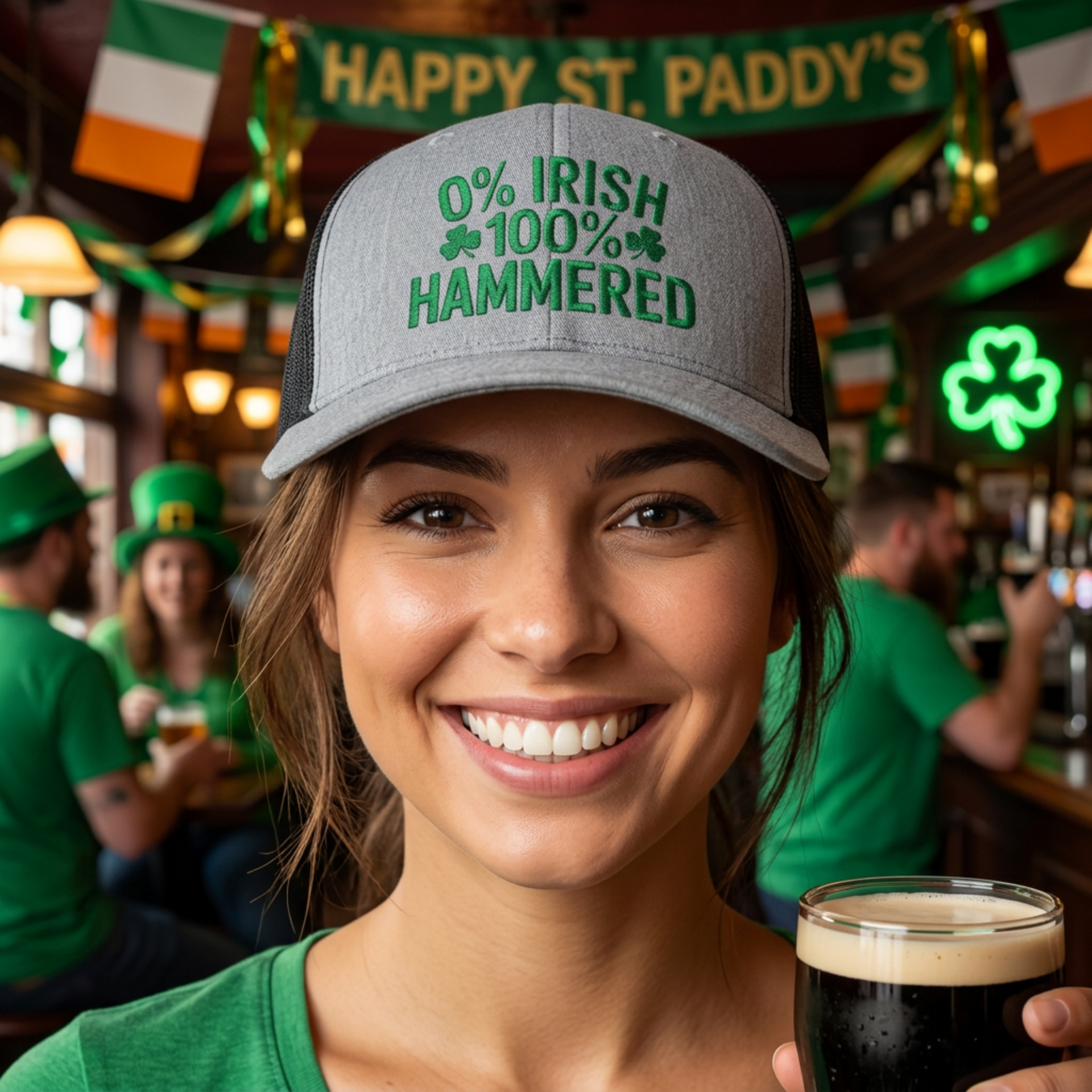 woman wearing a gray and black curved trucker hat with the phrase '0% Irish 100% HAMMERED' funny St Patricks Day Pub crawl and Parade design