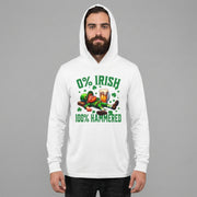 Man wearing a white hoodie with a humorous St. Patrick's Day design 0% Irish 100% Hammered on a gray background