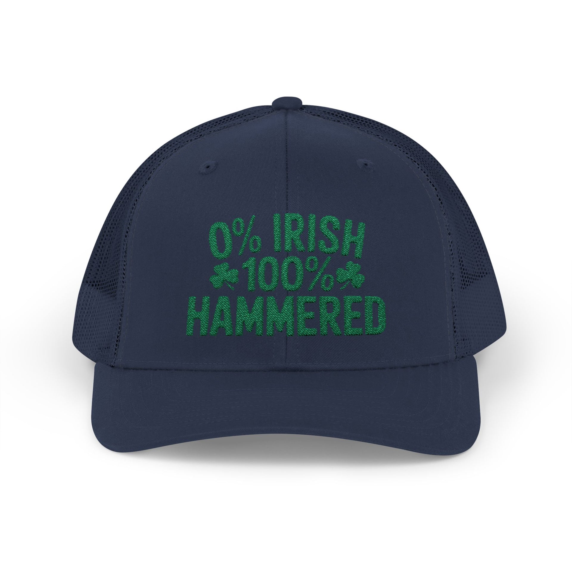 A navy curved trucker hat with the phrase '0% Irish 100% HAMMERED' funny St Patricks Day Pub crawl and Parade design