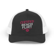 a black and white trucker hat with 'Certified Beach Flirt' text funny spring break, girls trip beach trip, bachelorette party design