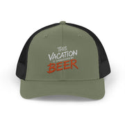 a green and black embroidered trucker cap  with text 'This vacation is sponsored by beer' funny spring break, beach vacation, lake season design