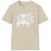 Beige t-shirt with a graphic of Santa Claus and the text i've got your holiday spirit right here funny christmas sweater