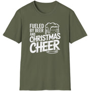 Green t-shirt with white text 'Fueled by Beer and Christmas Cheer, ' funny christmas sweater