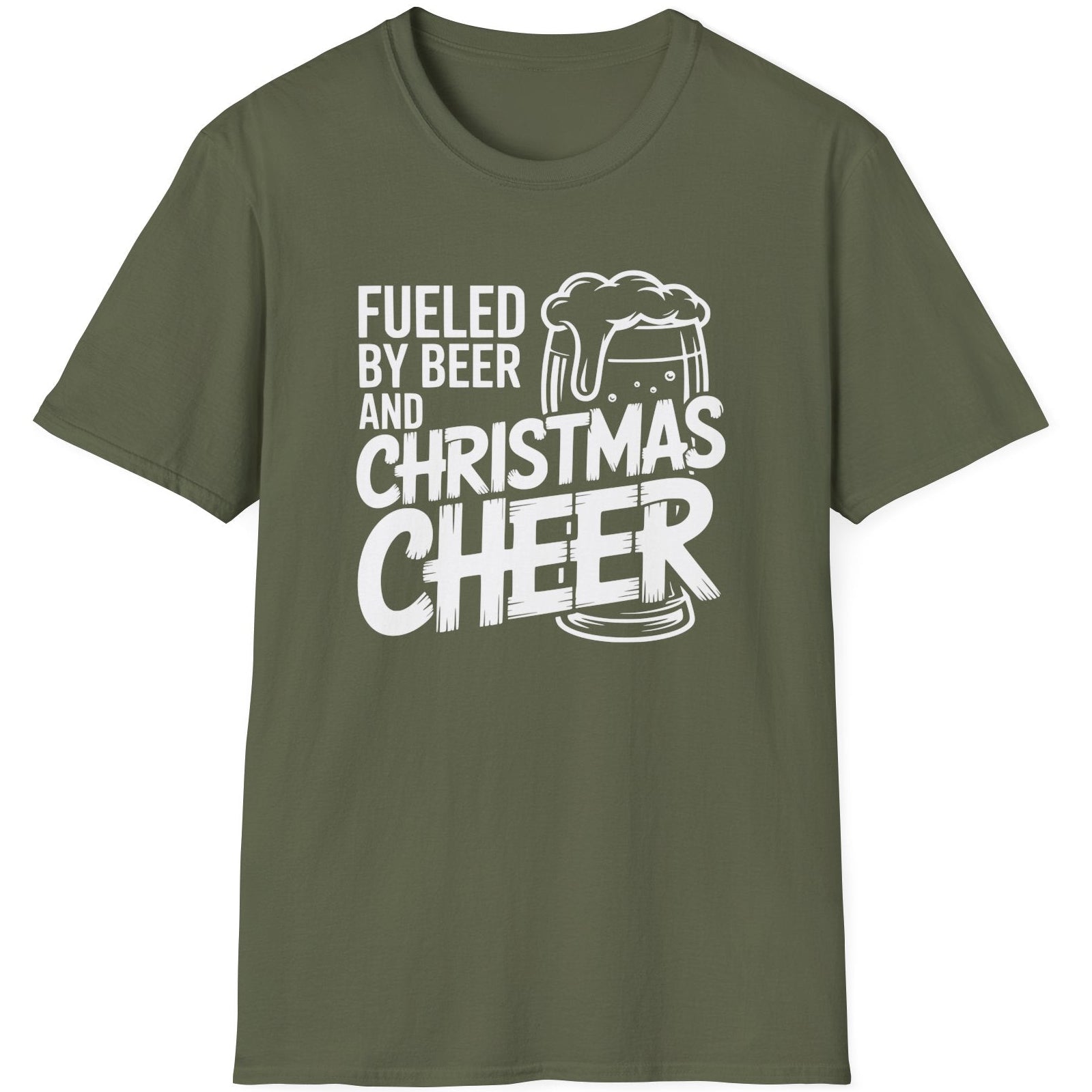 Green t-shirt with white text 'Fueled by Beer and Christmas Cheer, ' funny christmas sweater