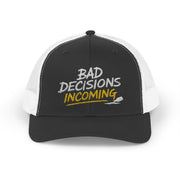 Woman wearing a black and white curved trucker hat with embroidered text 'Bad Decisions Incoming'  funny Spring Break, Girls rips, Guys Trips, Beach Trips, Bachelor or Bachelorette design