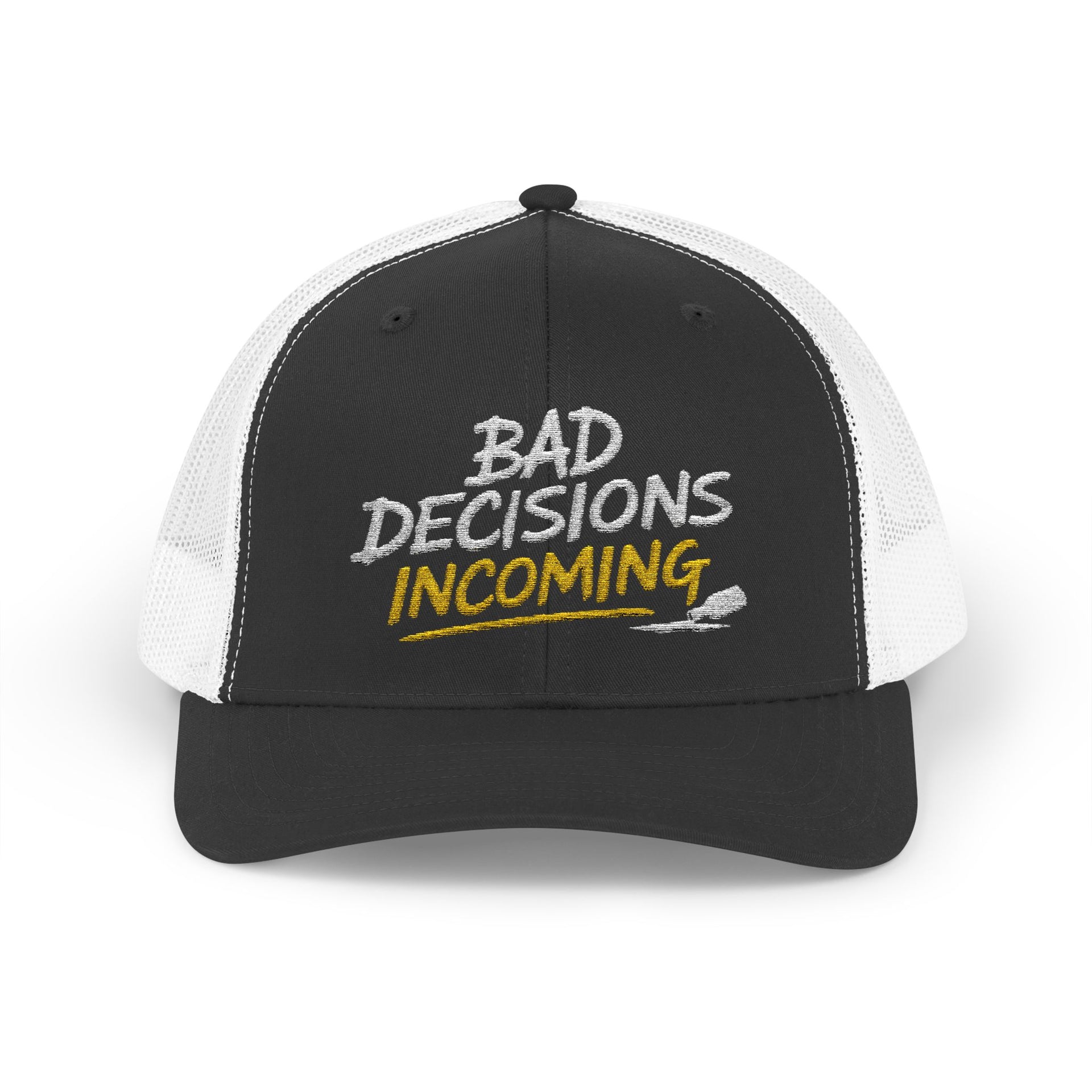 Woman wearing a black and white curved trucker hat with embroidered text 'Bad Decisions Incoming'  funny Spring Break, Girls rips, Guys Trips, Beach Trips, Bachelor or Bachelorette design