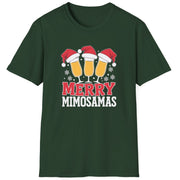 Green  t-shirt with 'Merry Mimosamas' design featuring champagne glasses and Santa hats funny christmas sweater
