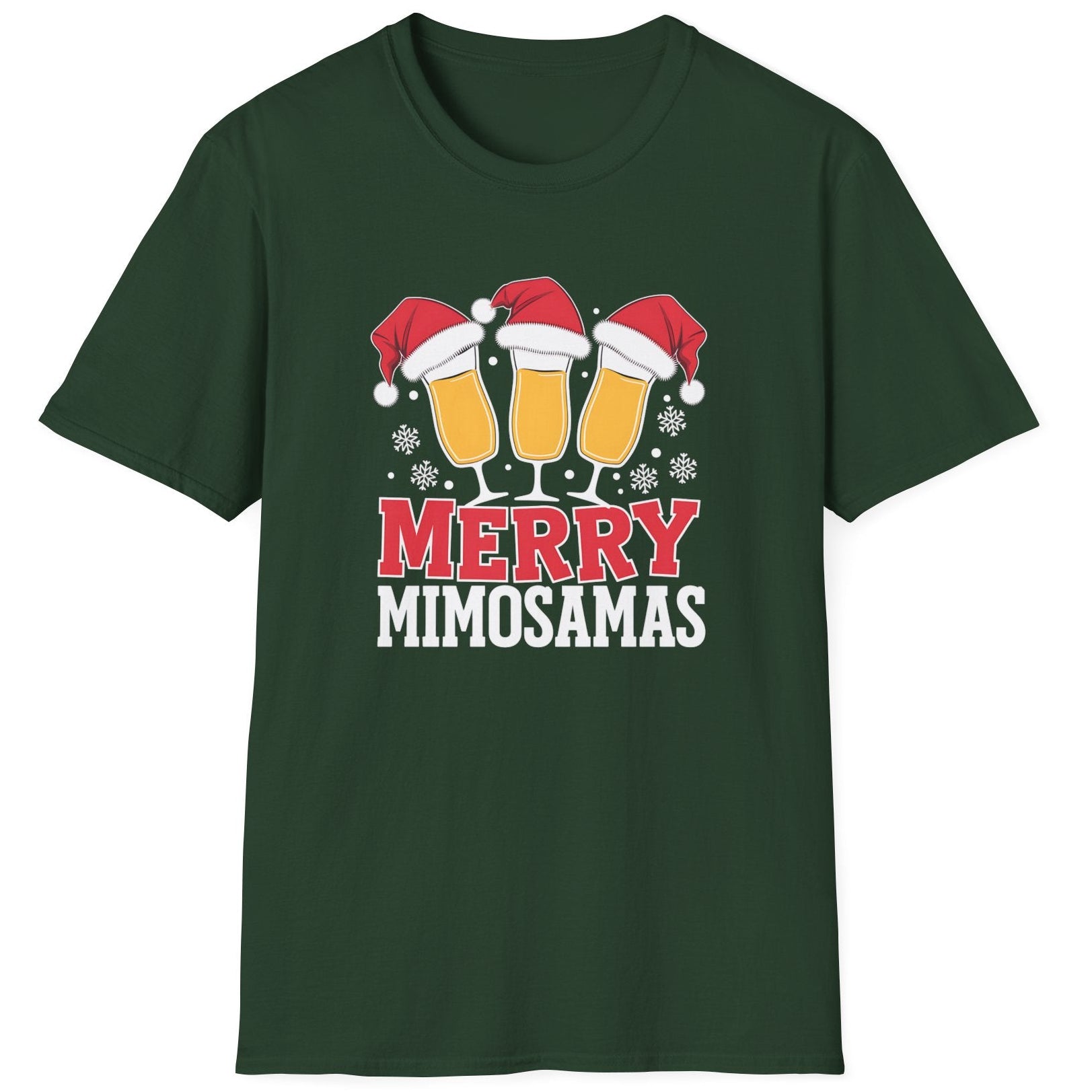 Green  t-shirt with 'Merry Mimosamas' design featuring champagne glasses and Santa hats funny christmas sweater