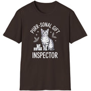 Brown t-shirt with a cat graphic and the text purr-sonal gift inspector funny christmas sweater