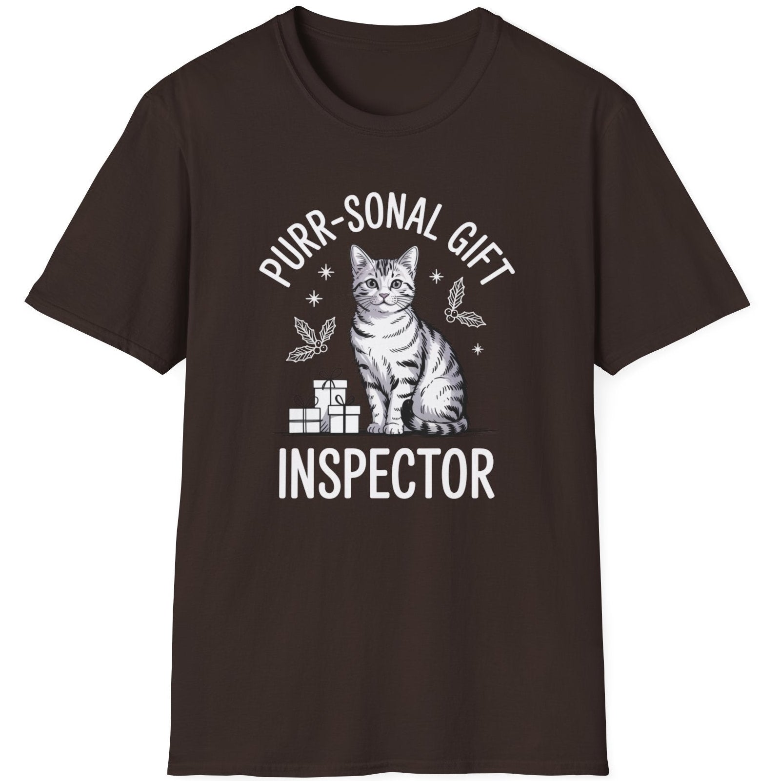 Brown t-shirt with a cat graphic and the text purr-sonal gift inspector funny christmas sweater