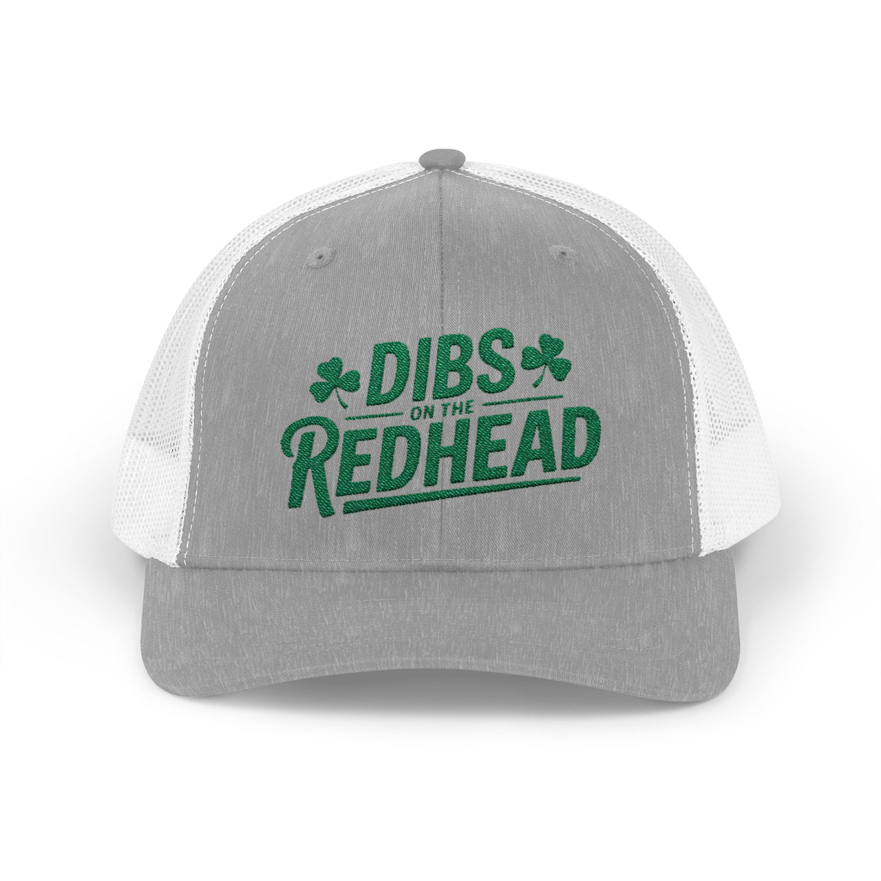 Gray and white curved bill trucker hat with the text 'DIBS on the REDHEAD' funny st patricks day pub crawl design