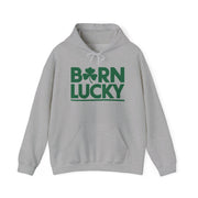 gray hoodie with 'Born Lucky' text funny st patricks day design