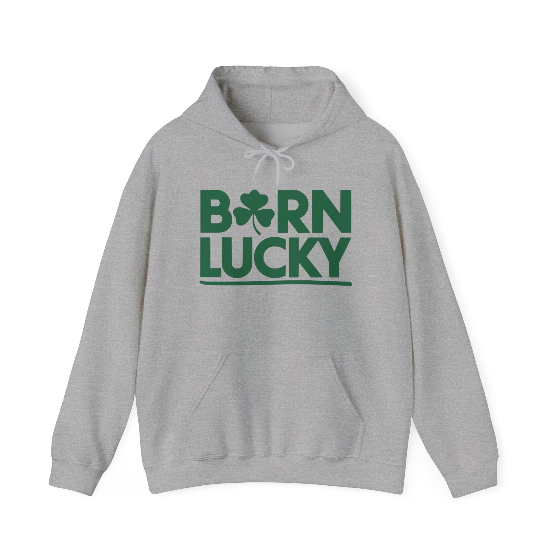 gray hoodie with 'Born Lucky' text funny st patricks day design