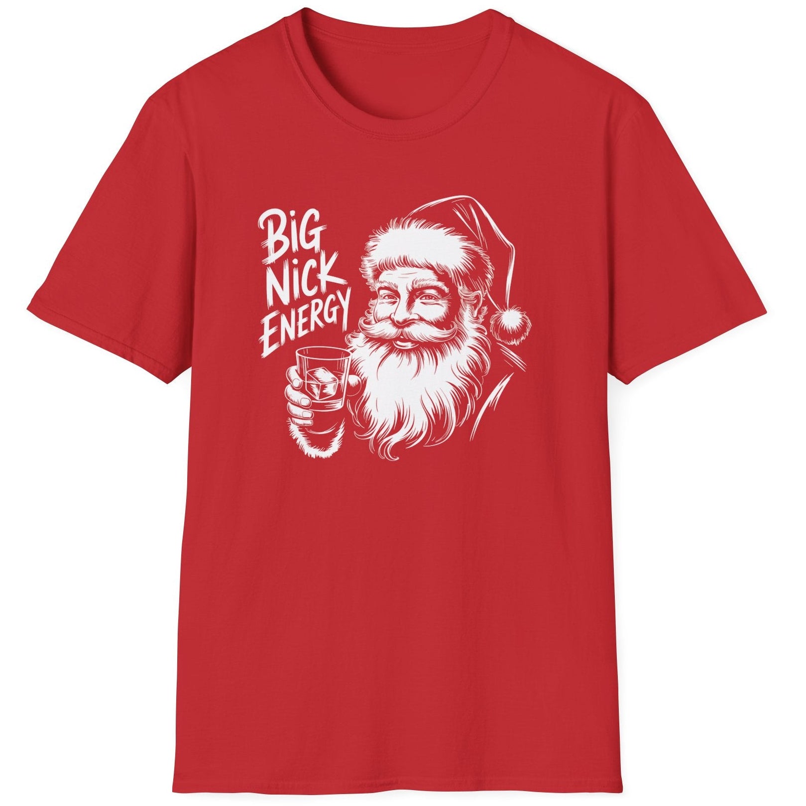 Funny Christmas Drinking  Short Sleeve Shirt with Santa drinking from a whiskey glass and the text "Big Nick Energy" - Red