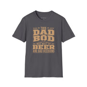 a gray t-shirt with the phrase "THis Dad Bod was Built on Beer and Bad decisions" funny father's day design