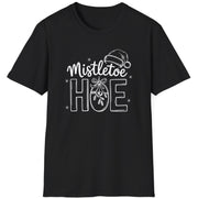 Funny Christmas Humor Short Sleeve Shirt with mistletoe and a santa hat and the text and the text "Mistletoe Hoe" - Black