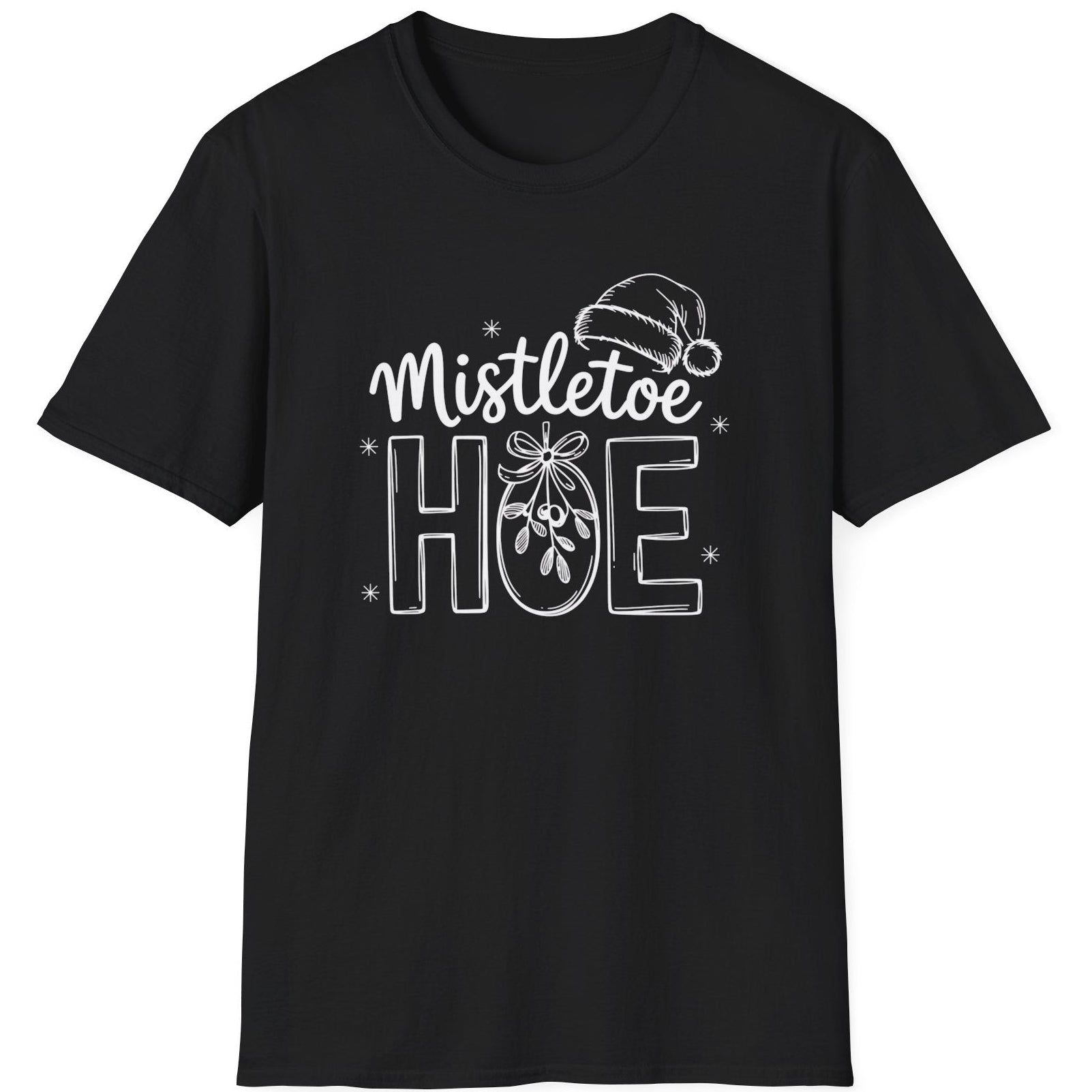 Funny Christmas Humor Short Sleeve Shirt with mistletoe and a santa hat and the text and the text "Mistletoe Hoe" - Black