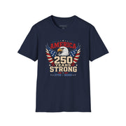 A navy blue T-shirt with an eagle graphic and '250 Years Strong' text, patriotic 4th of July, America 250 design