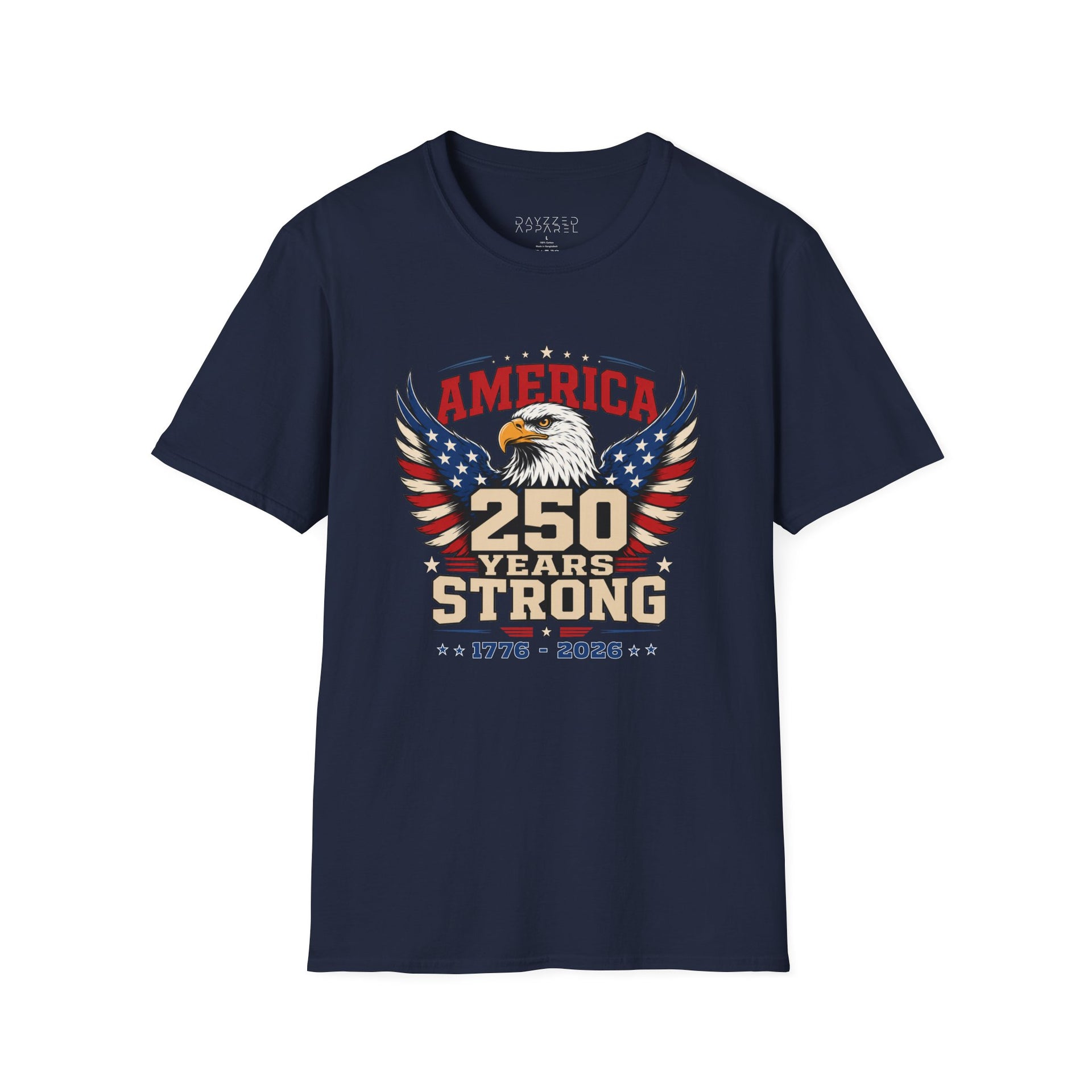 A navy blue T-shirt with an eagle graphic and '250 Years Strong' text, patriotic 4th of July, America 250 design