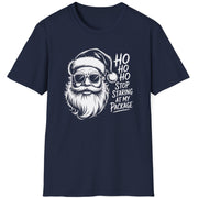 Funny Christmas Drinking  Short Sleeve Shirt with Santa drinking a cocktail and the text " Ho Ho Ho Stop Staring at my Package" - Navy Blue