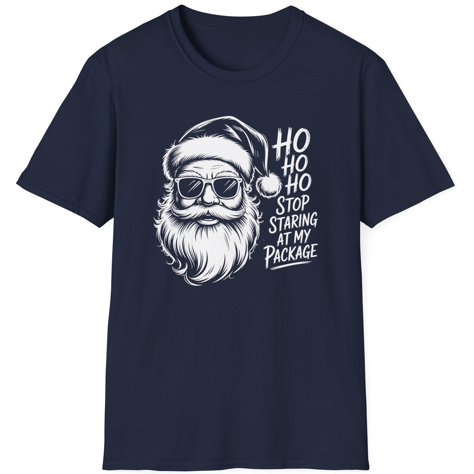Funny Christmas Drinking  Short Sleeve Shirt with Santa drinking a cocktail and the text " Ho Ho Ho Stop Staring at my Package" - Navy Blue