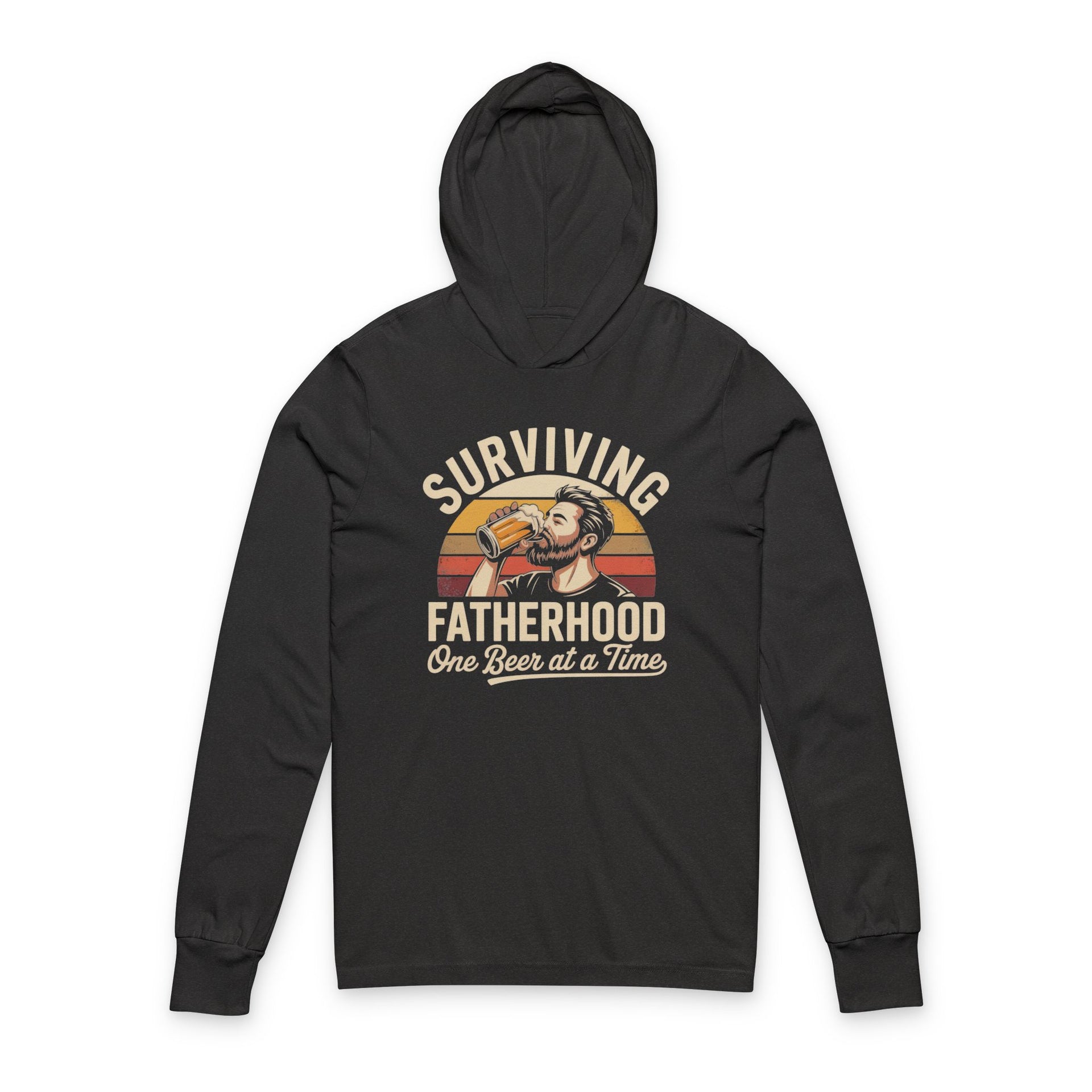 a black lightweight hoodie with the phrase 'Surviving Fatherhood One Beer at a Time' funny Father's day gift for dad