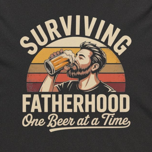 a heather navy lightweight hoodie with the phrase 'Surviving Fatherhood One Beer at a Time' funny Father's day gift for dad
