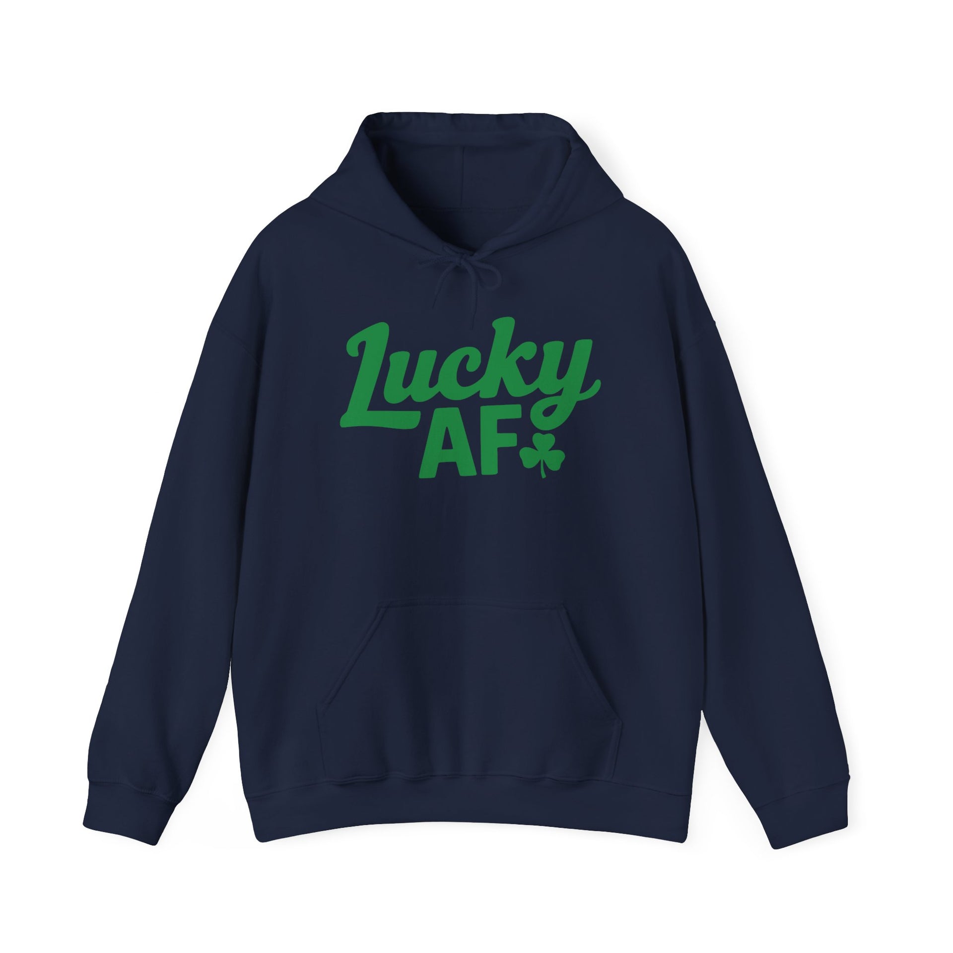 navy hoodie with the phrase 'Lucky AF' funny St Patricks Day design