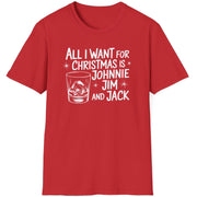 Funny Christmas Drinking Short Sleeve Shirt with a whiskey glass and the text "All I Want for Christmas is Johnnie, Jim, and Jack" - Red