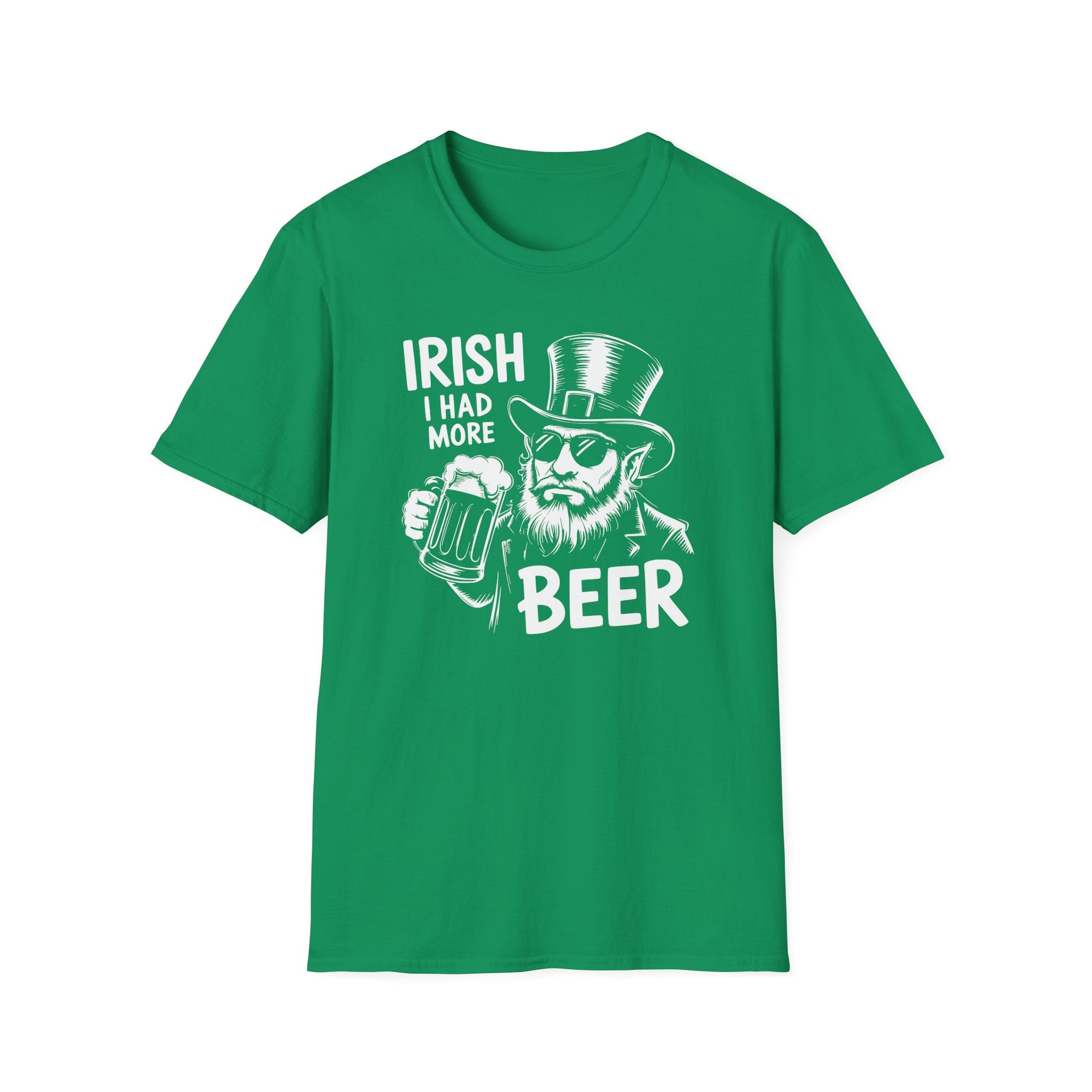 a kelly green t-shirt with 'Irish I had more beer' graphic design funny St Patricks Day pub crawl and parade design