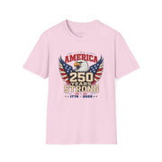A light pink T-shirt with an eagle graphic and '250 Years Strong' text, patriotic 4th of July, America 250 design
