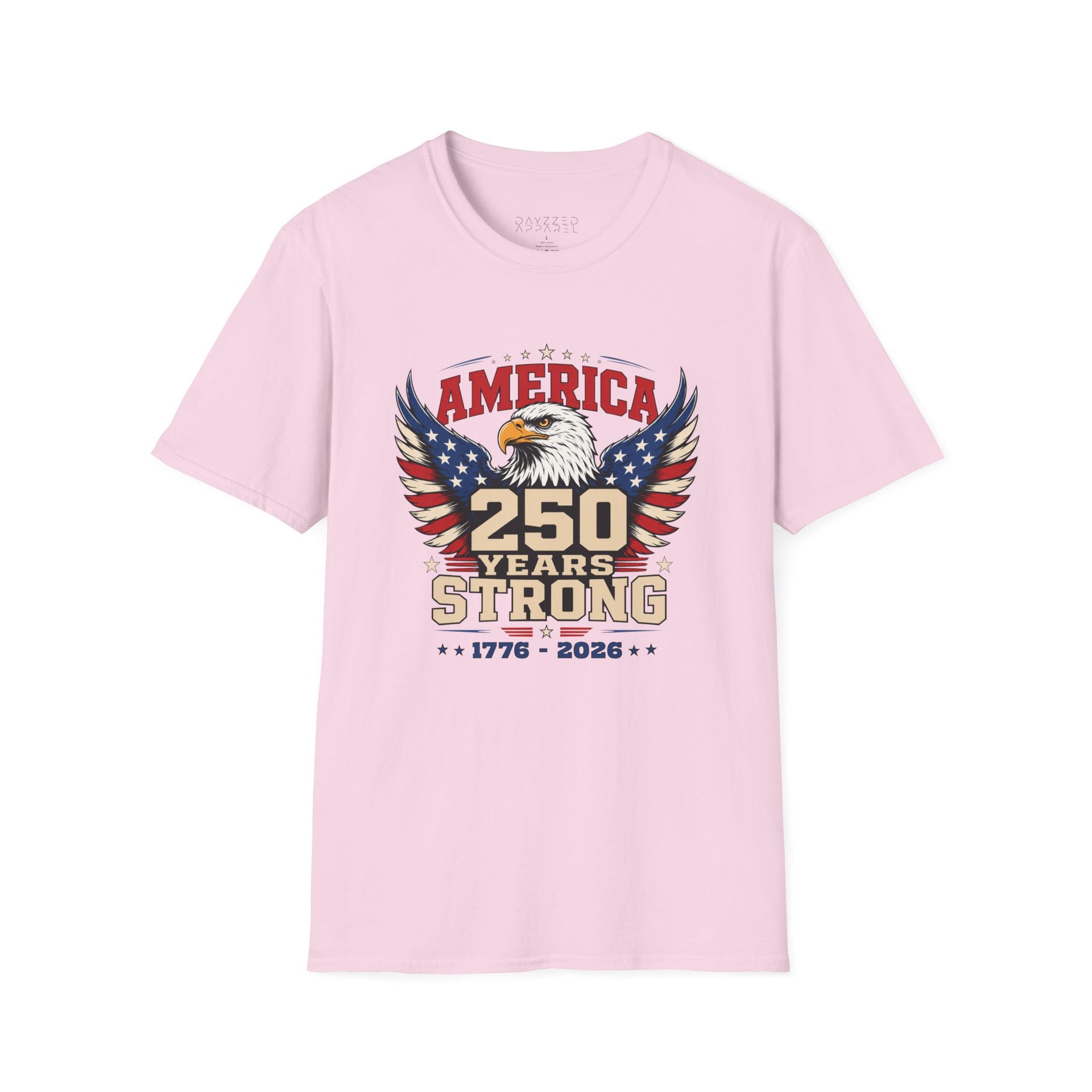 A light pink T-shirt with an eagle graphic and '250 Years Strong' text, patriotic 4th of July, America 250 design