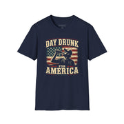 a navy t-shirt with 'Day Drunk for America' 4th of July graphic design 