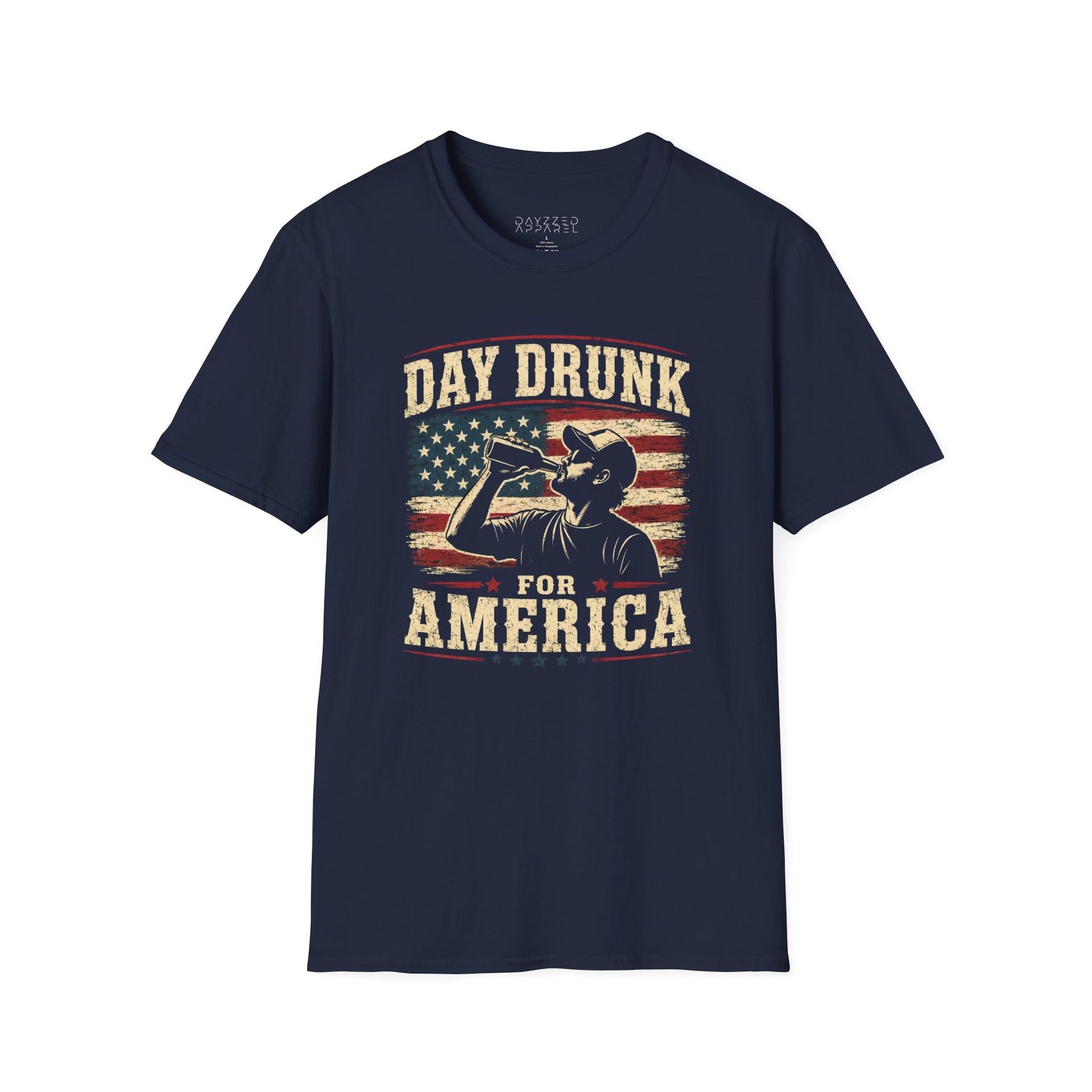 a navy t-shirt with 'Day Drunk for America' 4th of July graphic design 