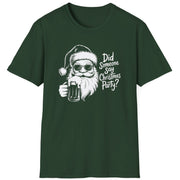 Funny Christmas Drinking Humor Short Sleeve Shirt with a Santa drinking a mug of Beer and the text "Did Someone Say Christmas Party" - Forest Green