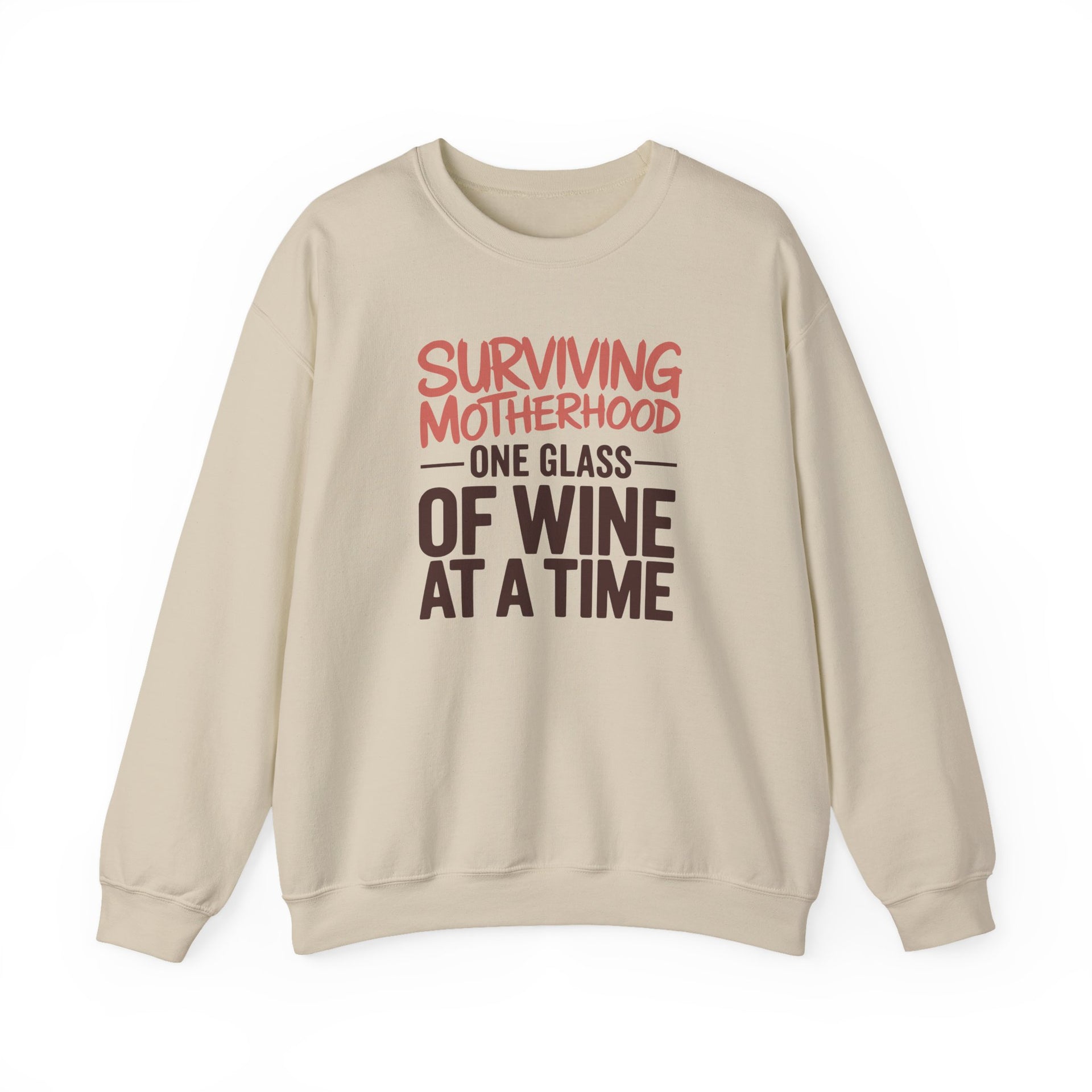 a beige sweatshirt with the phrase 'Surviving Motherhood One Glass of Wine at a Time' funny mother's day, mom life, girls trip design