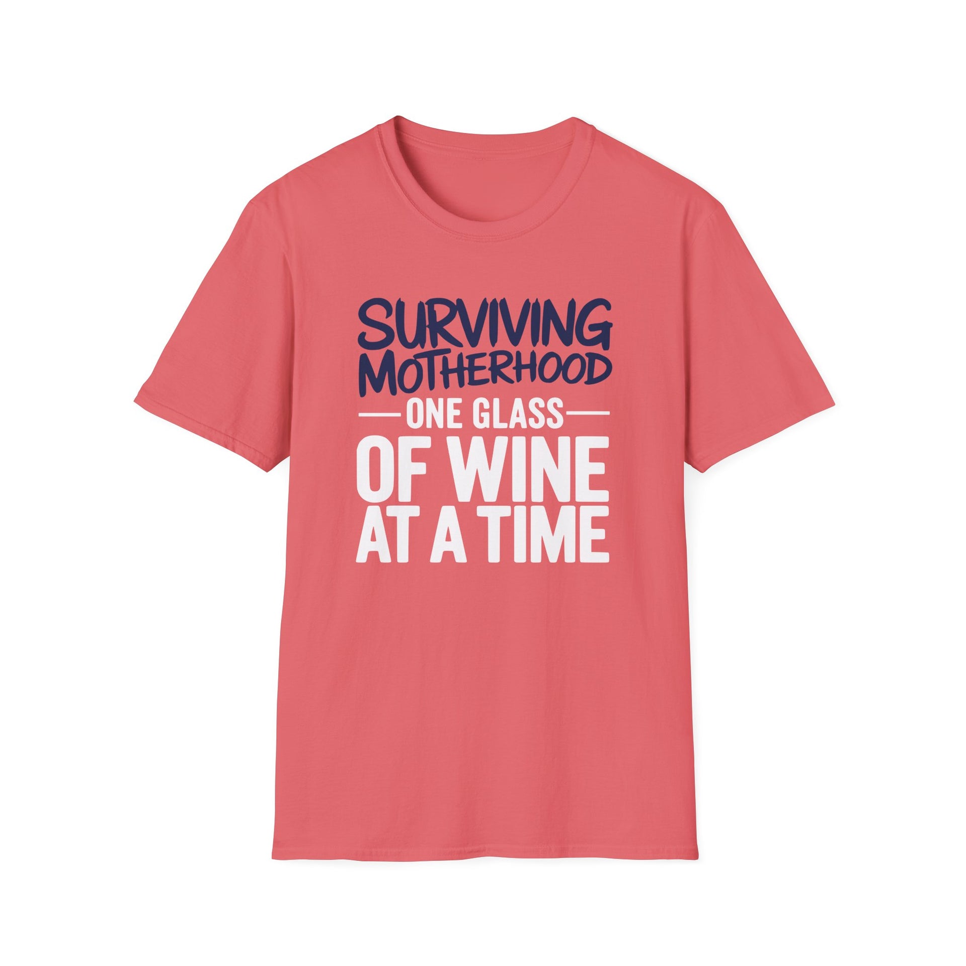 a coral t-shirt with the phrase 'Surviving Motherhood One Glass of Wine at a Time' funny Mother's day, beach vacation, spring break design