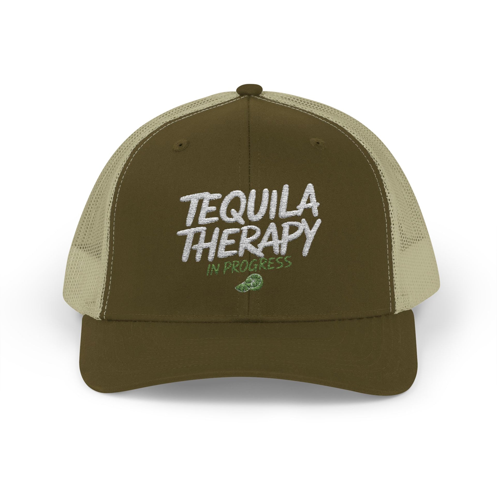 a green and khaki curved bill trucker hat with the phrase 'Tequila Therapy in Progress'  funny Spring Break, Girls Trip, Guys Trip, Beach Trip, SummerVacation bachelor or Bachelorette hat