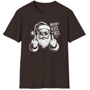 Funny Christmas Short Sleeve Shirt with Santa flipping his middle fingers and the text " Merry Kiss My Ass" - Dark Chocolate