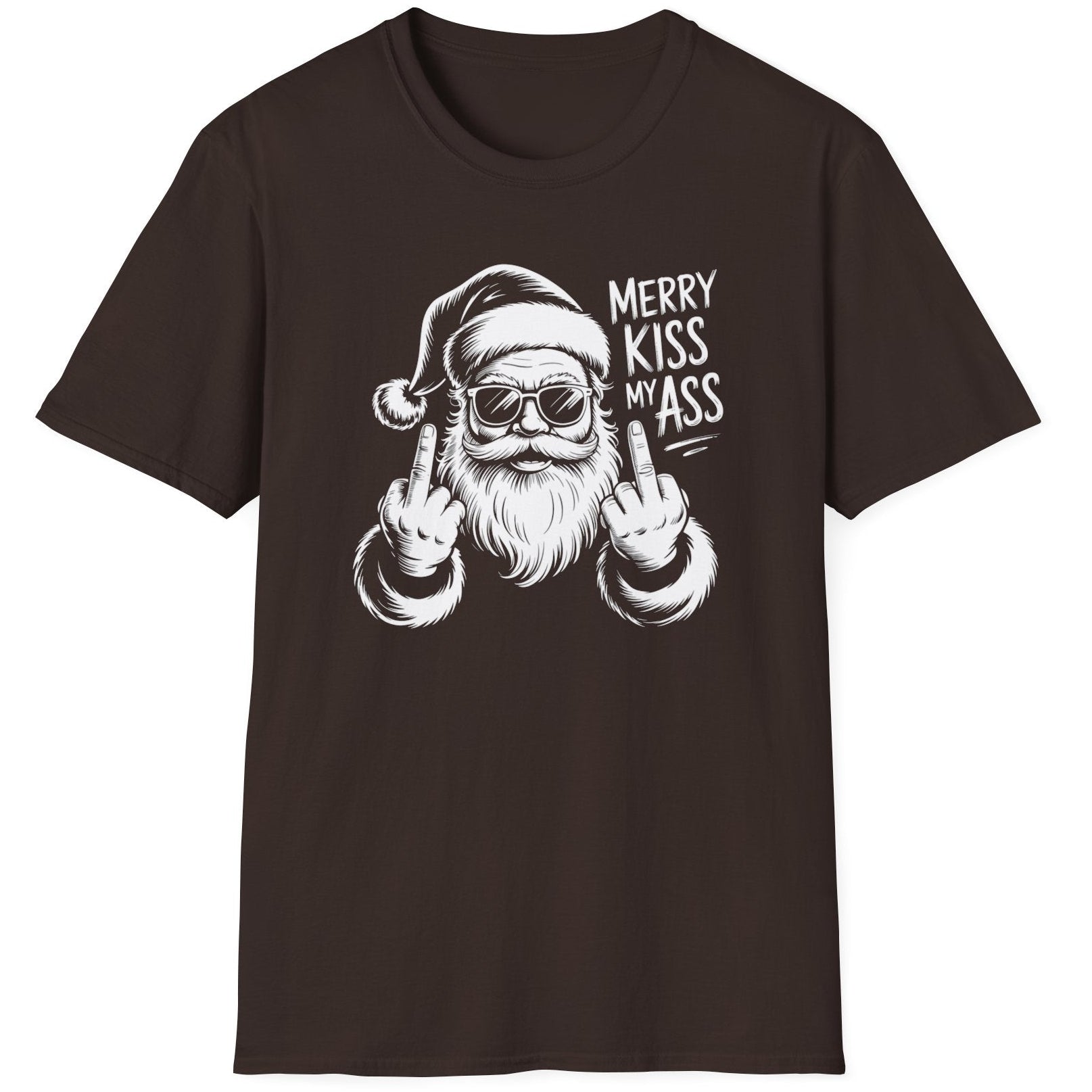 Funny Christmas Short Sleeve Shirt with Santa flipping his middle fingers and the text " Merry Kiss My Ass" - Dark Chocolate