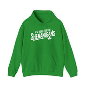 green hoodie with the phrase I'm here for the shenanigans funny st patricks day design