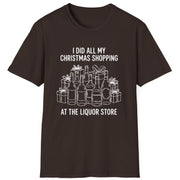Funny Christmas Drinking Short Sleeve Shirt with liquor bottles and wrapped packages and the text "I did all my Christmas Shopping at the Liquor Store" - Dark Chocolate