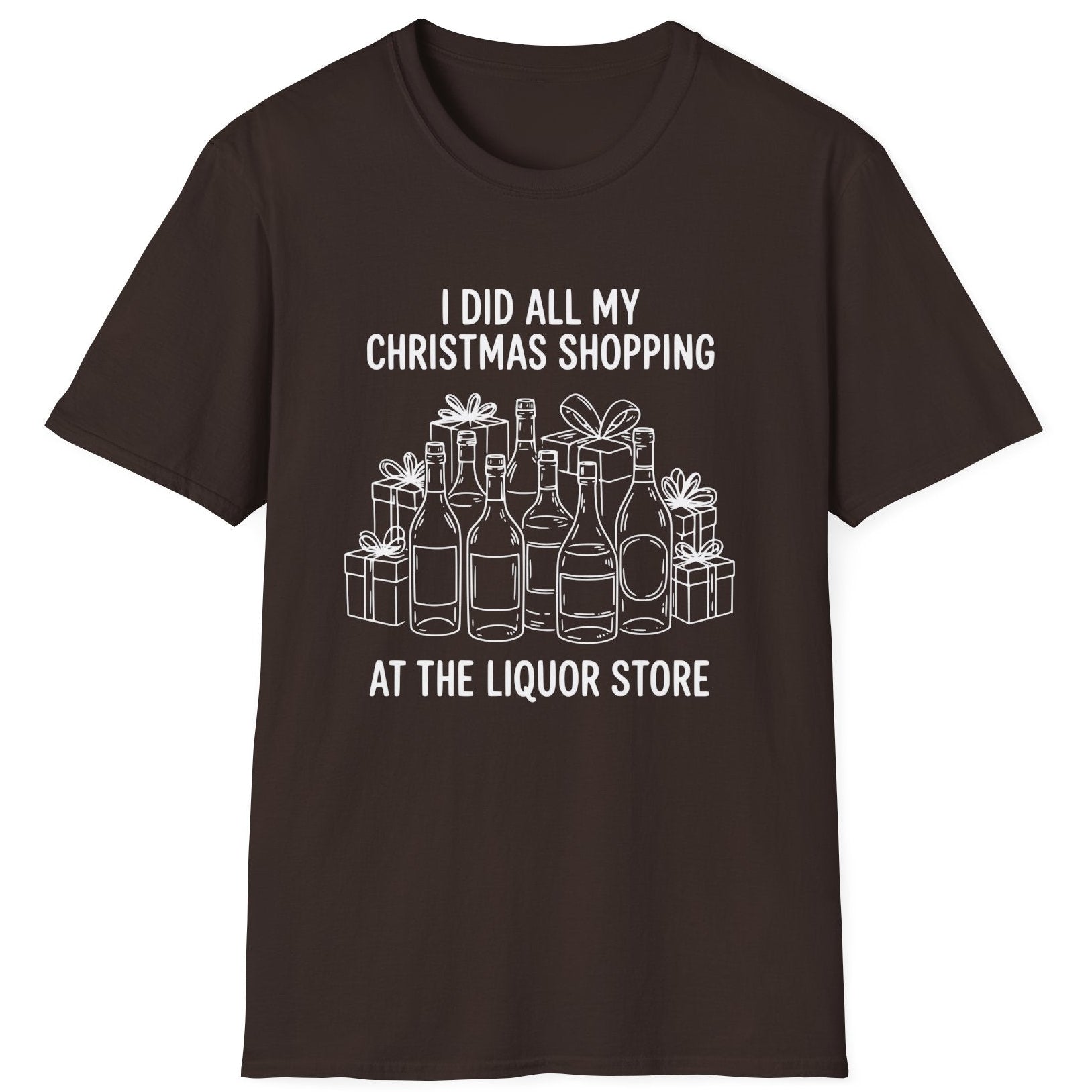 Funny Christmas Drinking Short Sleeve Shirt with liquor bottles and wrapped packages and the text "I did all my Christmas Shopping at the Liquor Store" - Dark Chocolate