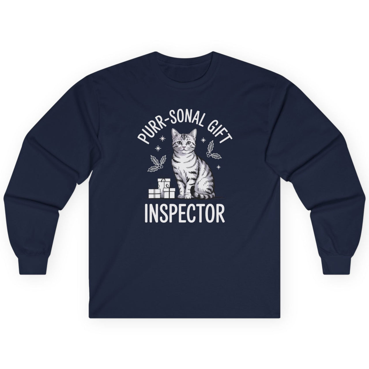 Navy blue long-sleeve shirt with a cat graphic and the text purr-sonal gift inspector