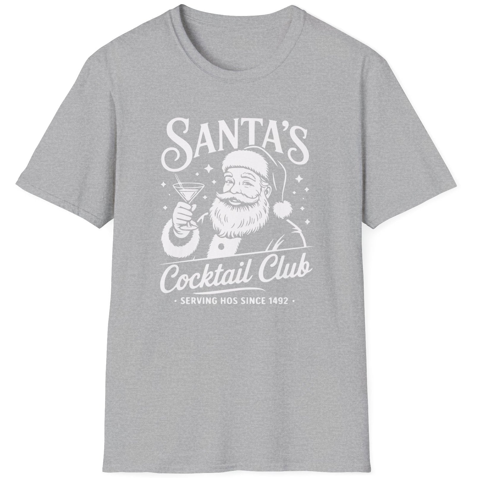 Funny Christmas Drinking  Short Sleeve Shirt with Santa drinking a cocktail and the text " Santa's Cocktail Club Serving Hos since 1492" -  Sport Grey
