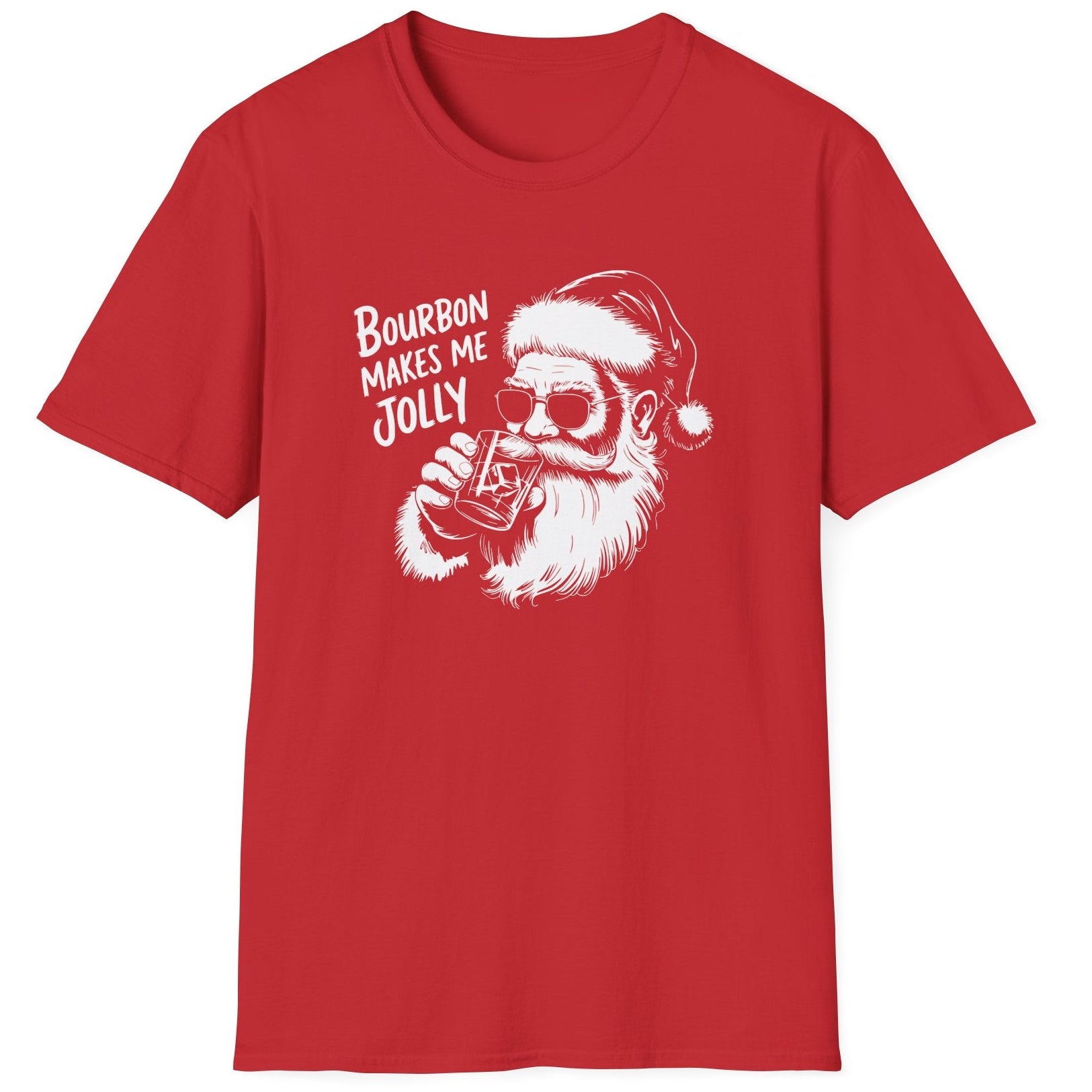 Funny Christmas Humor Short Sleeve Shirt with Santa drinking bourbon and the text "Bourbon Makes Me Jolly" -  Red