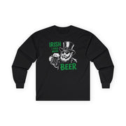 Black long sleeve tee with leprechaun graphic and text 'Irish I had more beer' funny St Patricks pub crawl and parade design