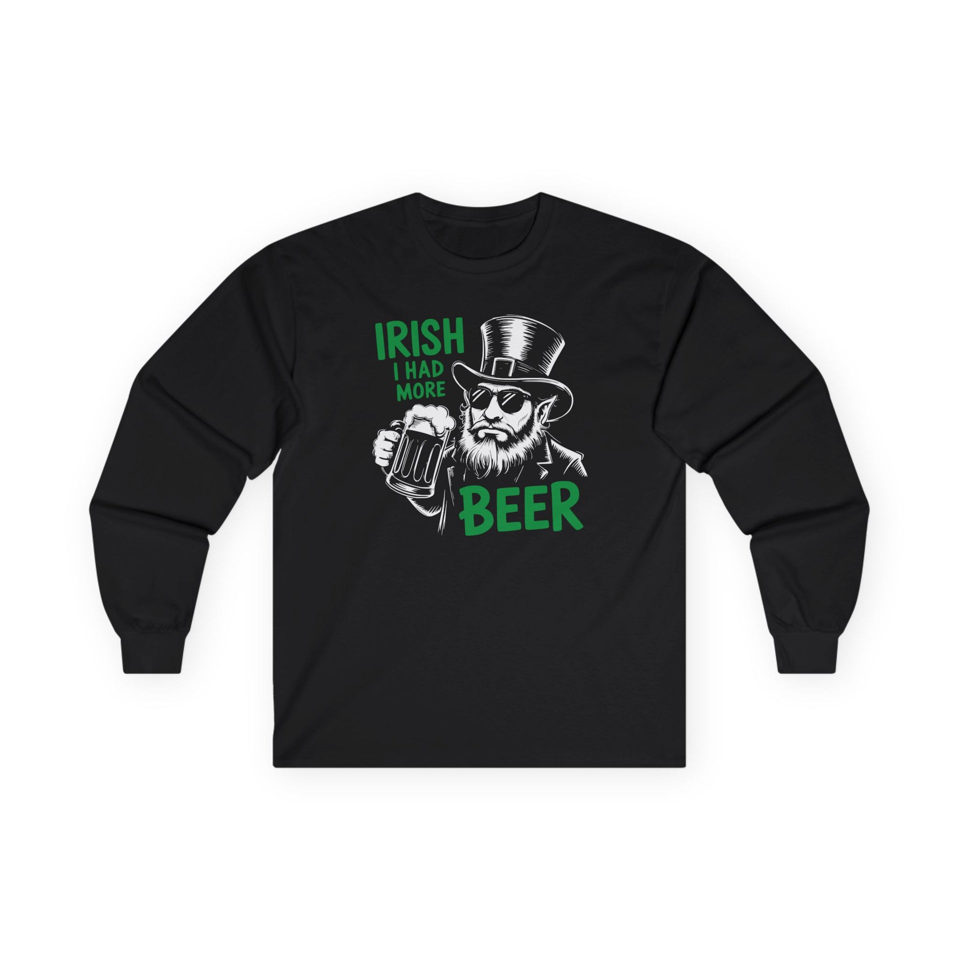 Black long sleeve tee with leprechaun graphic and text 'Irish I had more beer' funny St Patricks pub crawl and parade design